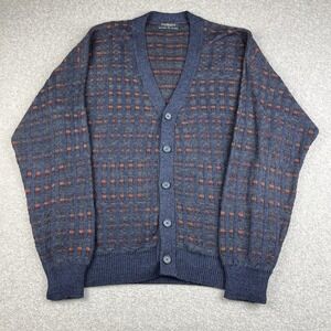 Vintage Van Heusen Cardigan Sweater Men Large Gray Blue Plaid Button Acrylic 90s